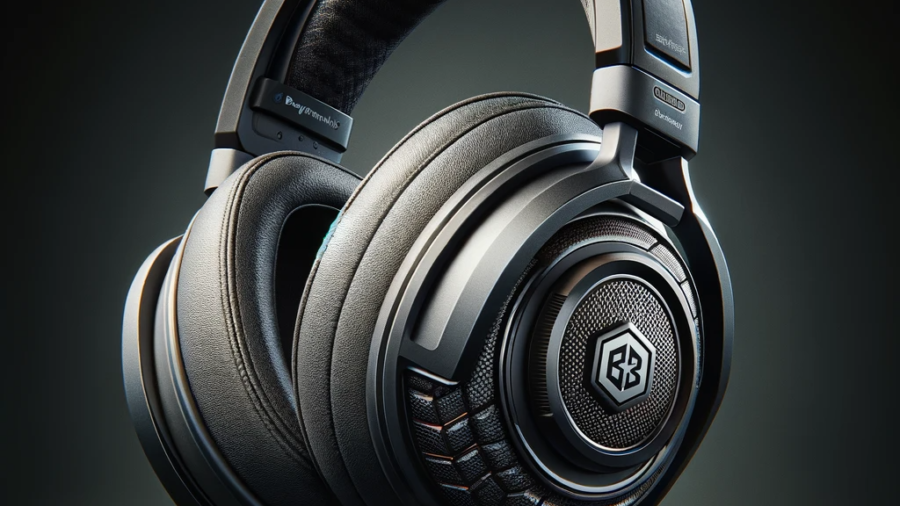 Hyper-realistic image of the Beyerdynamic DT 900 Pro X gaming headset, featuring its sleek, professional design with a focus on the high-quality texture of the materials, comfortable ear cups, and the iconic Beyerdynamic branding.
