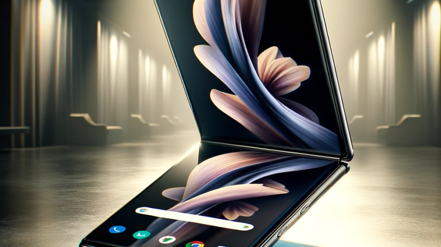 Hyper-realistic image of the OnePlus Open foldable smartphone, showcasing its innovative, sleek design and flexible display
