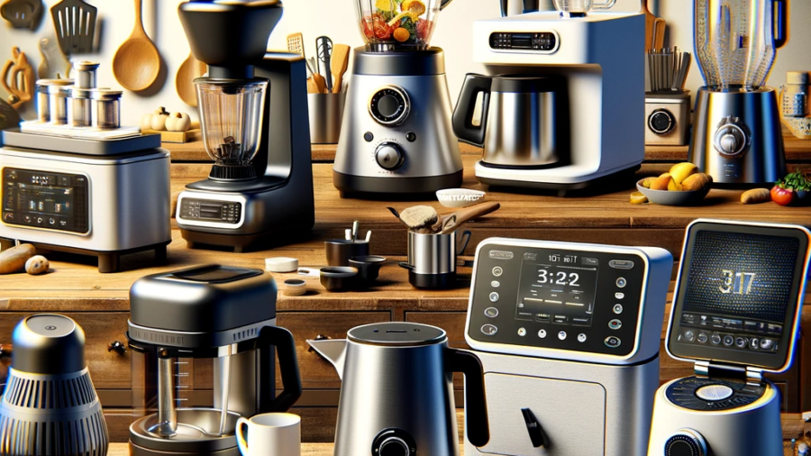 Picture displays various kitchen gadgets and showcases some of the latest gadgets and gizmos